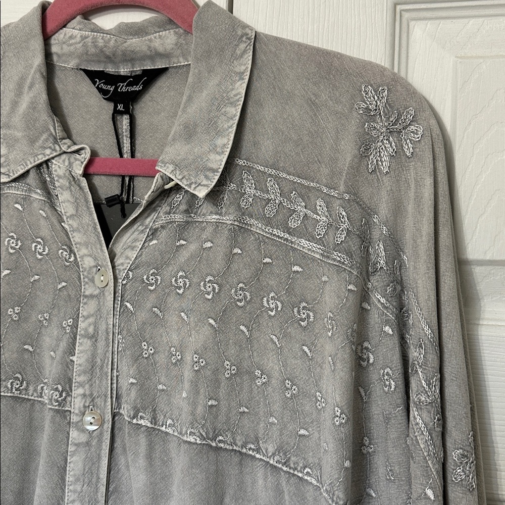 Elegant Gray Embroidered Button Down Shirt - Picture 7 of 13